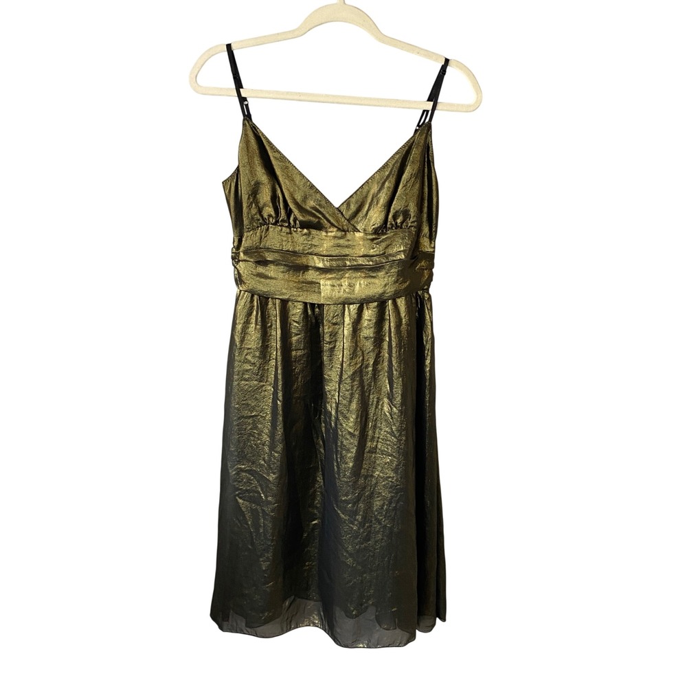 MSSP Max Studio Gold Metallic Silk Lined V-Neck Cocktail Dress Medium 7R08B65